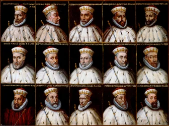 Republikken Genovas våbenskjold og portrætter af dogerne. Gio. Battista Gentile Pignolo, Nicolò Doria, Gerolamo De Franchi Toso, Gerolamo Chiavari, Ambrogio Di Negro, Davide Vacca (eller Vaccari), Battista Negrone, Gio Giustiniani Campi, Antonio Grimal