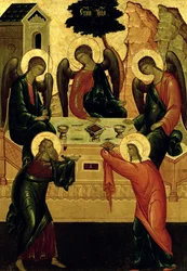 Den hellige treenighed, Novgorod-skolen, 1400-tallet (tempera på lærred)