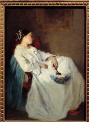 Sovende siddende kvinde Maleri af Octave Tassaert (1800-1874) 1800-tallet søn. 0,32 x 0,24 m