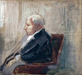 Siddende mand - Maleri af Odilon Redon (1840-1916), olie på pap (21,9x23,5 cm), ca. 1910 - MOMA (Museum of Modern Art), New York (USA)