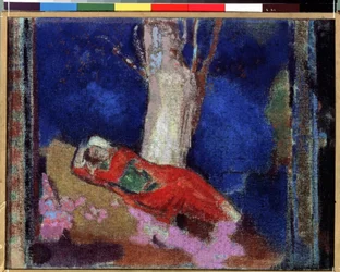 ""Ung kvinde liggende under et træ"" (A Woman Lying Under The Tree) Maleri af Odilon Redon (1840-1916) 1900-1901 Gouache og tempera. Nabis. Eremitagemuseet, Sankt Petersborg (Saint-Petersburg)