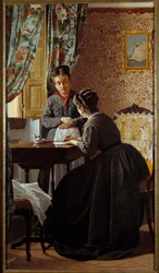 Analfabeten eller kvinden, der skriver et brev til sin tjenestepige Maleri af Odoardo Borrani (1834-1905) 1869 Privat samling