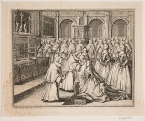 Biskop Hersleb salver Dronning Louise i Frederiksborg Slotskirke. Illustration til Frederik d. IV