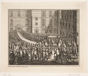 Kong Frederik V i procession til salvingshøjtidelighed i Frederiksborg Slotskirke. Illustration til Frederik d. IV