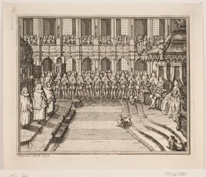 Kong Frederik V og Dronning Louise under salvingshøjtidelighed i Frederiksborg Slotskirke. Illustration til Frederik d. IV