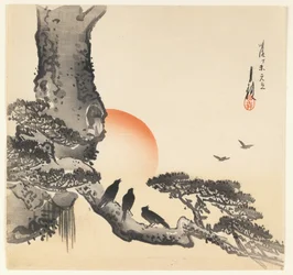 Krager på en træstamme, Meiji-perioden, ca. 1890-1910 (træblok i farver)