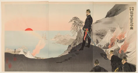 Officerer og mænd, der beundrer den opgående sol, mens de bivuackerer i bjergene i Port Arthur