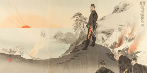 Billede af officerer og soldater, der tilbeder den opgående sol, mens de ligger i lejr i Port Arthurs bjerge