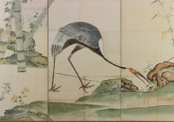 Traner, fyrretræer og bambus, 17. århundrede, par foldeskærme (blæk og lys farve på papir)