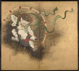 Le dieu de la tempete (Tordenguden) Venstre del af en skærm med to paneler - Værk af Ogata Korin (1658-1716), akvarel og blæk på papir, begyndelsen af ​​det 18. århundrede, japansk kunst, østlig mytologi - Tokyos nationalmuseum, Japan
