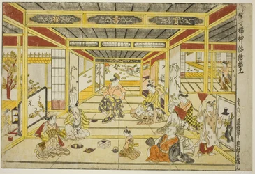 Originalt perspektivbillede af de fashionable syv lykkeguder (Furyu shichi fukujin uki-e kongen)