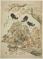 Parodi på paladsbetjente, der brænder ahornblade for at varme skyld fra "The Tale of Heike"