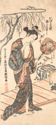 Kvinde i løsnet kimono, der kommer fra badet, ca. 1755., ca. 1755.