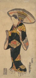 Skuespiller Sanjo Kantaro i rollen som kurtisane, ca. 1728., ca. 1728.