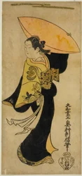 Skuespilleren Fujimura Handayu II som Nowake no Mae i stykket "Tategami Teika Kazura," optrådte på Ichimura Theatre i den ellevte måned, 1719