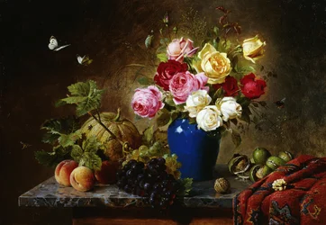 Roser i en vase, ferskner, nødder og en melon på en marmorkant, 1891