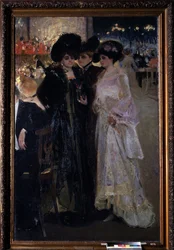 Cafe i Paris (Frankrig). (Café i Paris). Natscene, tre kvinder taler midt i en menneskemængde ved bordet, i det fjerne, et orkester og byens gadelygter. Maleri af Alexander Alexandrovich Murashko (Alexander Murashko) (1875-1919), olie på lærred