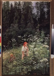 Pige foran en græstot (Girl at a Tuft of Grass). Maleri af Olga Antonovna Lagoda Shishkina (1850-1881), olie på lærred