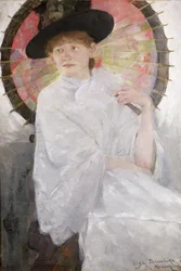 Portræt af en dame med en japansk parasol olie på lærred