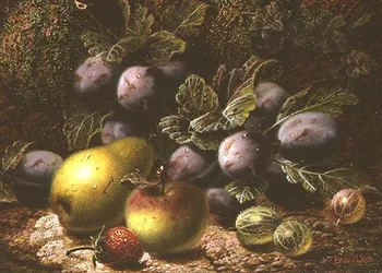 Stilleben med blommer, stikkelsbær, æble, pære og jordbær