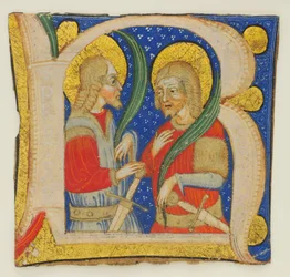 Manuskriptskæring af blade, der viser et oplyst initial R med St. Protasius..., midten af 1400-tallet.