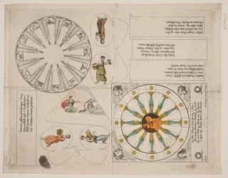 Illustrationstavle med almanak-cirkel og fem vers