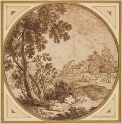 Landskab med bygninger og figurer, anden halvdel 1600-tallet.