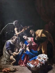 Hellig familie med Saint Elizabeth, Saint John the Baptist og en engel