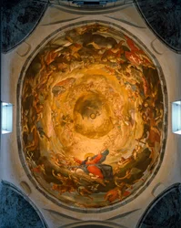 Indvendig udsigt af kuplen. Fresko af Jomfruens himmelfart af Orazio og Girolamo Riminaldi (1600-tallet)