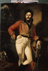 Portræt af husar-oberst Eugraph Davydov (1775-1823). (Portræt af Husar-obersten E. Davydov). Maleri af Oreste Adamovich Kiprensky (Kiprenski) (1782-1836), olie på lærred