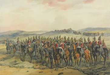 4. og 5. Dragoon Guards, Line of Heavy Dragoons før angrebet ved Balaclava (pen & blæk og akvarel på papir)