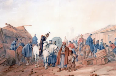 Forsyningsbase for den britiske hær ved Balaclava (Balaklava) havn - Norie, Orlando (1832-1901) - 1854 - Akvarel på papir - 36,3x52,6 - Privat samling