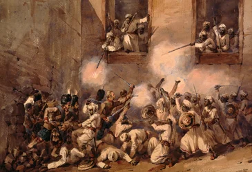 Den 93. Highlanders går ind i bruddet ved stormen af Secundrabagh, Lucknow, 16. november 1857