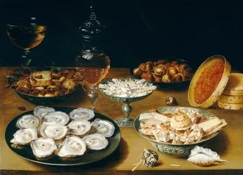 Retter med østers, frugt og vin, ca. 1620-25 (olie på panel)