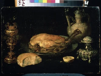 ""Stilleben af ​​kylling, citron, brød, sølvtøj og olielampe"" (Stilleben) Maleri af Osias Beert den ældre (1580-1624) Mikhail Kroshitsky kunstmuseum fra det 17. århundrede, Sevastopol (Sevastopol) Ukraine
