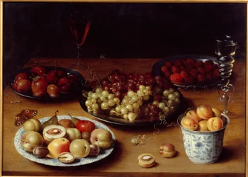 Stilleben af frugt og glas Et bord dækket med blommer, abrikoser, ferskner, pærer, vindruer, hindbær og et glas rødvin. Maleri af Osias Beert I ou l
