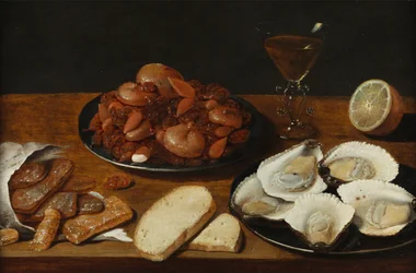 Stilleben med østers, bagværk, citron og vinglas
