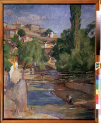""Landskab med bro og flod"" Maleri af Osip Emmanuilovich Braz (1872-1936) 1912 Statens Kunstmuseum, Tomsk