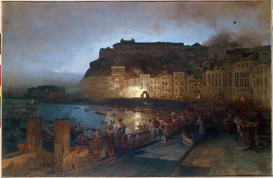 Fyrværkeri i Napoli (Italien) - Maleri af Oswald Achenbach (1827-1905), olie på lærred