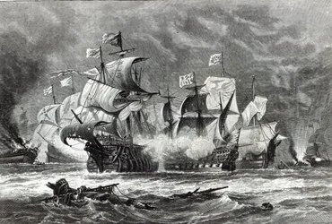 The Vanguard, under Sir William Winter, engagerer den spanske armada, fra 