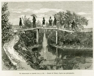 En missionær til gengæld. Indgravering af Tofani, for at illustrere historien Trente mois au Tonkin, i 1884, af doktor Paul Hocquard, i le tour du monde 1890, under ledelse af Edouard Charton (1807-1890), Hachette, Paris.