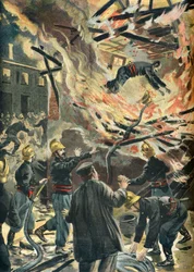 Brandmand Baillys død under en møllebrand i Bourges i 1898 (gravering)