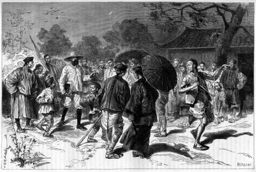 Dr. Piassetzky rejser til Kina, altid ledsaget af kinesere. Gravering efter en tegning af Tofani, i "" Le Tour du Monde, Nouveau journal des Voyages"", redigeret af Edouard Charton, Paris