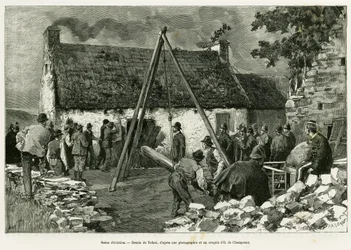 Udsættelsesscene. Gravering af Tofani, for at illustrere historien Tre måneder i Irland, i 1889, af Marie Anne de Bovet, i le tour du monde 1890, instrueret af Edouard Charton (1807-1890), Hachette, Paris.