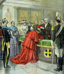 Felix Faure overrækker kardinalstaven til den pavelige nuntius Domenico Ferrata i 1896 (Kobberstik)
