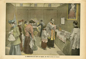 Illustration af Oswaldo Tofani (1849-1915) i Le Pelerin, 03/04/04 - Påskeæggenes velsignelse i Italien - Italien, Religion Tro, påske, katolsk katolicisme - Æg