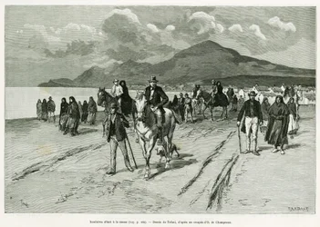 Øboere går til messe. Gravering af Tofani, for at illustrere historien Trois mois en Irlande, i 1889, af Marie anne de Bovet, i le tour du monde 1890, instrueret af Edouard Charton (1807-1890), Hachette, Paris.