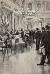 Italienske diplomater skåler sammen, Paris, Frankrig, gravering fra tegning af Gennaro Amato, fra skitse af Osvaldo Tofani, fra L