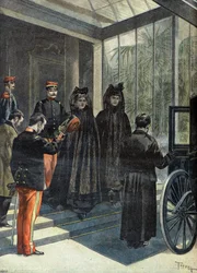 Madame Felix Faure forlader Elysee efter republikkens præsidents død i 1899 (Kobberstik)