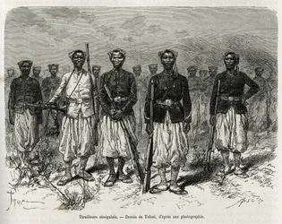 Senegalesiske ryttere af ekspeditionen eskorte. Indgravering af Tofani, for at illustrere historien om udforskning i Haut Niger, af kommandør Gallieni, af marineinfanteriet, i 1880-1881, udgivet i Tour du monde, under ledelse af Edouard Charton (1807)